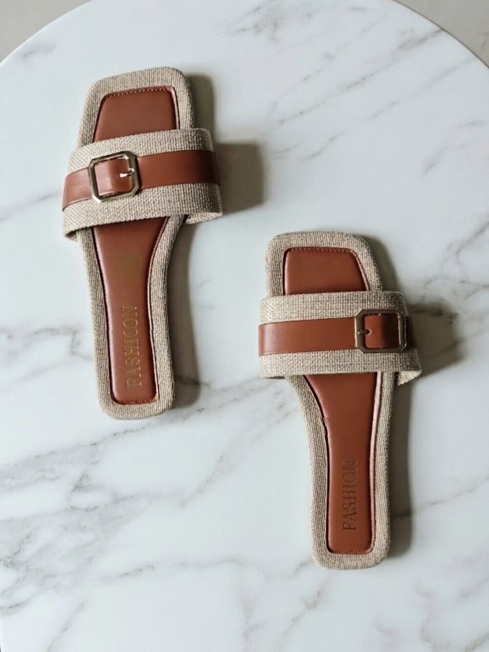 Leather-Trim Beige & Tan Slide Sandals - Size 6.5 - Picture 2 of 8